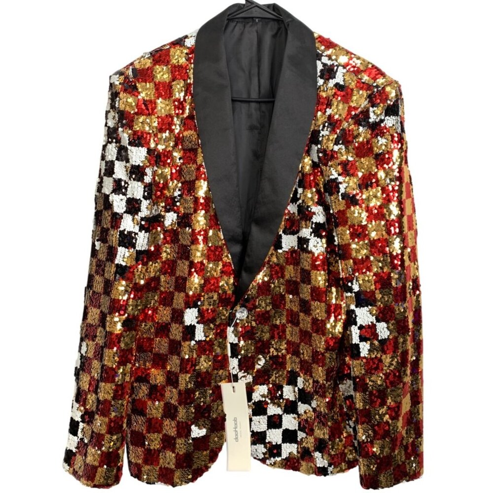 S Mens Sequin Checkered Blazer Tux Jacket Satin Lapel By Doohoob London Design